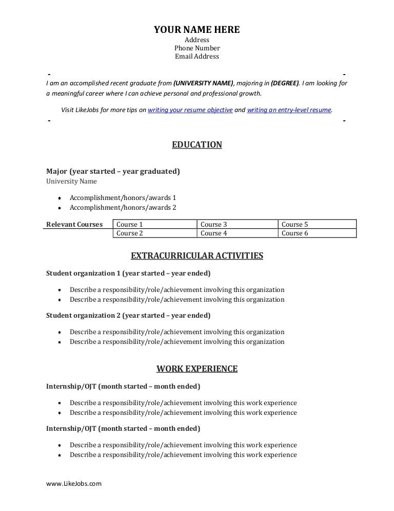 Entry Level Resume Samples for College Graduate Resume Template for Fresh College Graduates and Entry