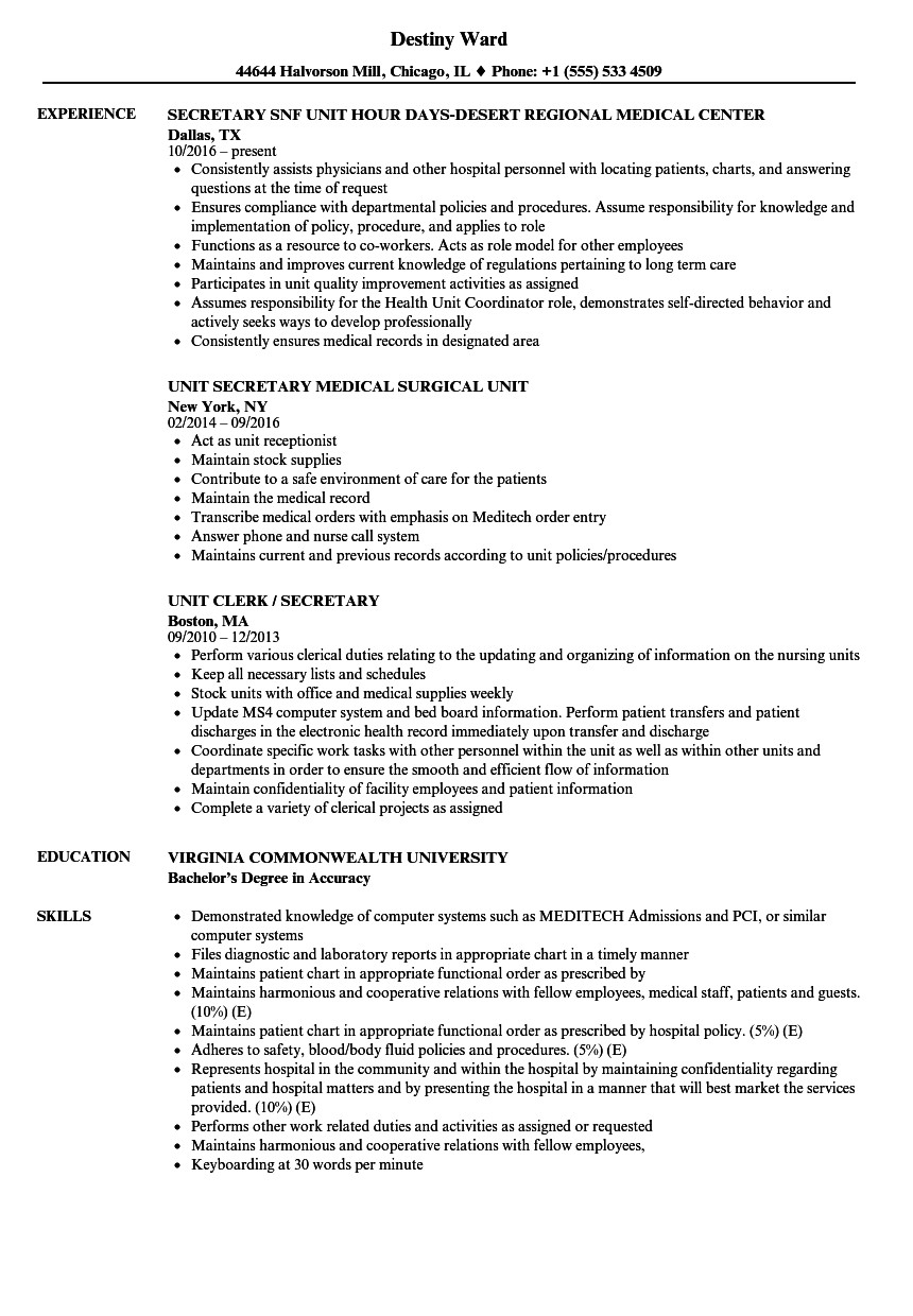 Entry Level Unit Secretary Resume Sample Secretary Unit Resume Samples