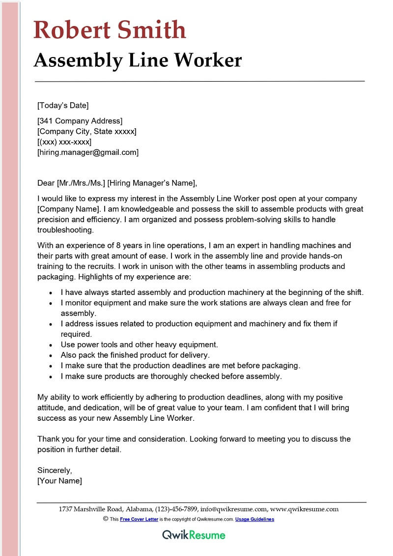 Free Sample Resume assembly Line Worker assembly Line Worker Cover Letter Examples – Qwikresume