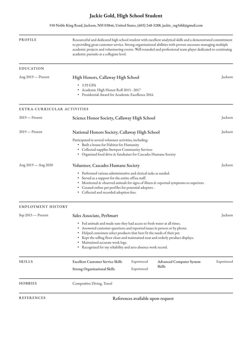 High School Senior College Resume Sample High School Student Resume Examples & Writing Tips 2022 (free Guide)