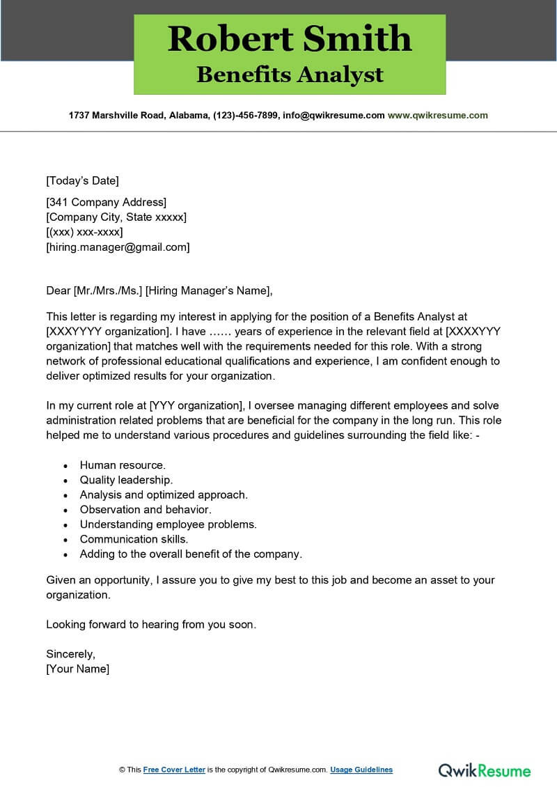 Knowledge Of Employee Benefits On Resume Sample Benefits Analyst Cover Letter Examples – Qwikresume