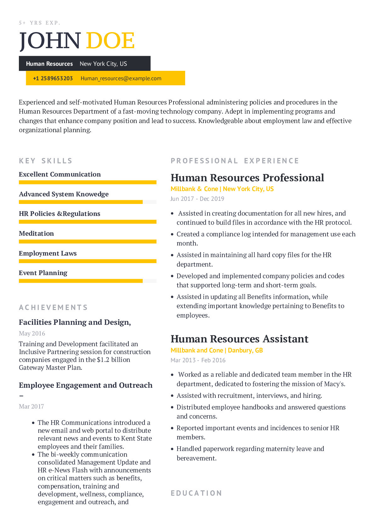 Knowledge Of Employee Benefits On Resume Sample Human Resources Professional Resume Example with Content Sample …