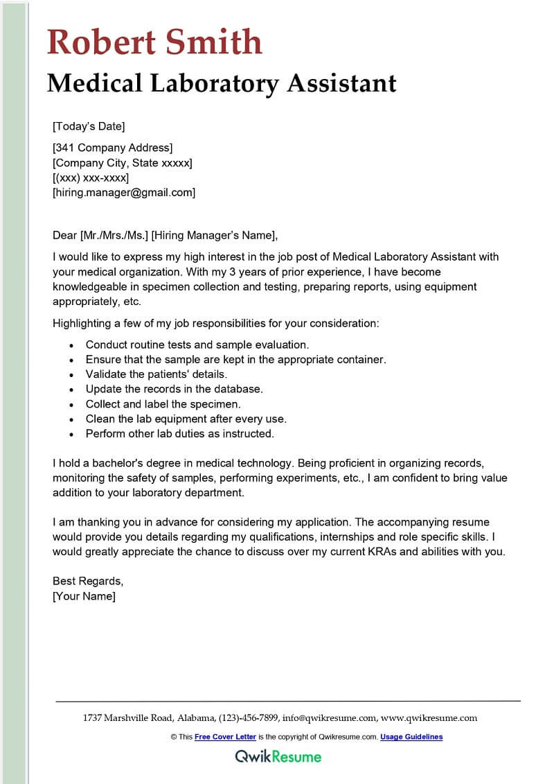 Lab Technician Resume Cover Letter Samples Medical Laboratory assistant Cover Letter Examples – Qwikresume