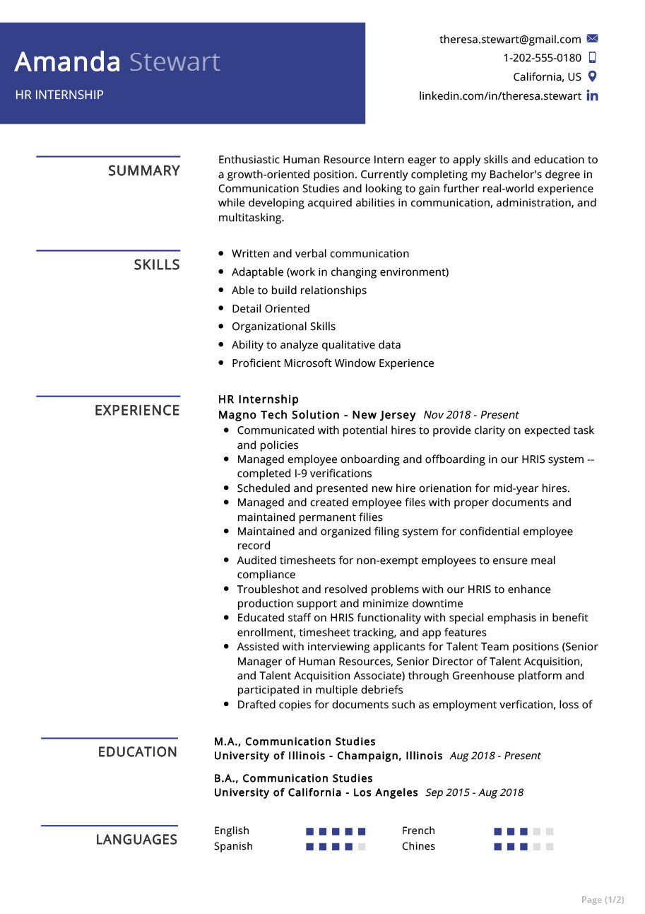 Mba Student Profile Resume Sample for Internship Hr Internship Resume Example 2022 Writing Tips – Resumekraft