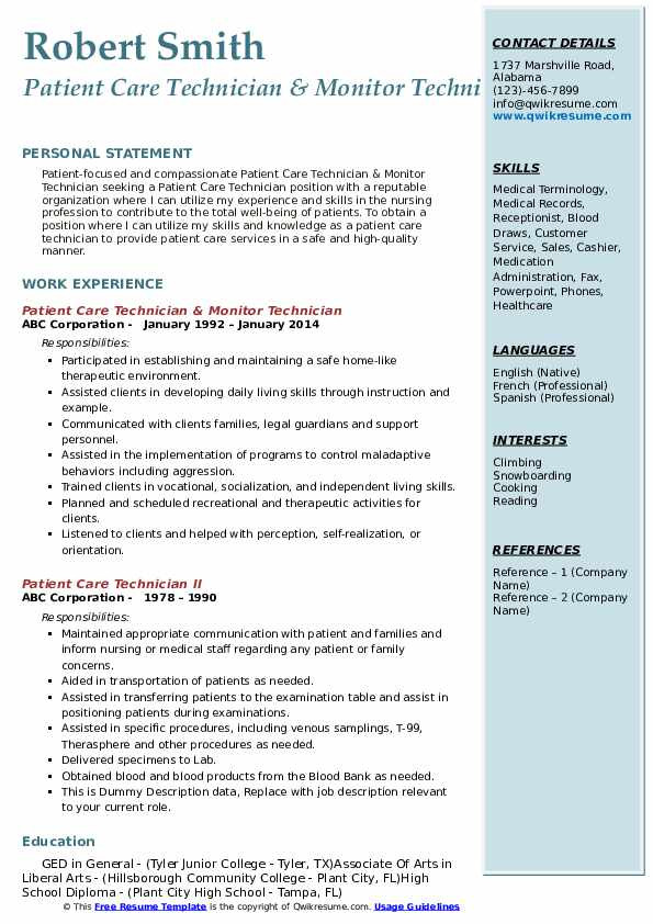 Patient Care Technician Resume Objective Sample Patient Care Technician Resume Examples Best Resume Ideas