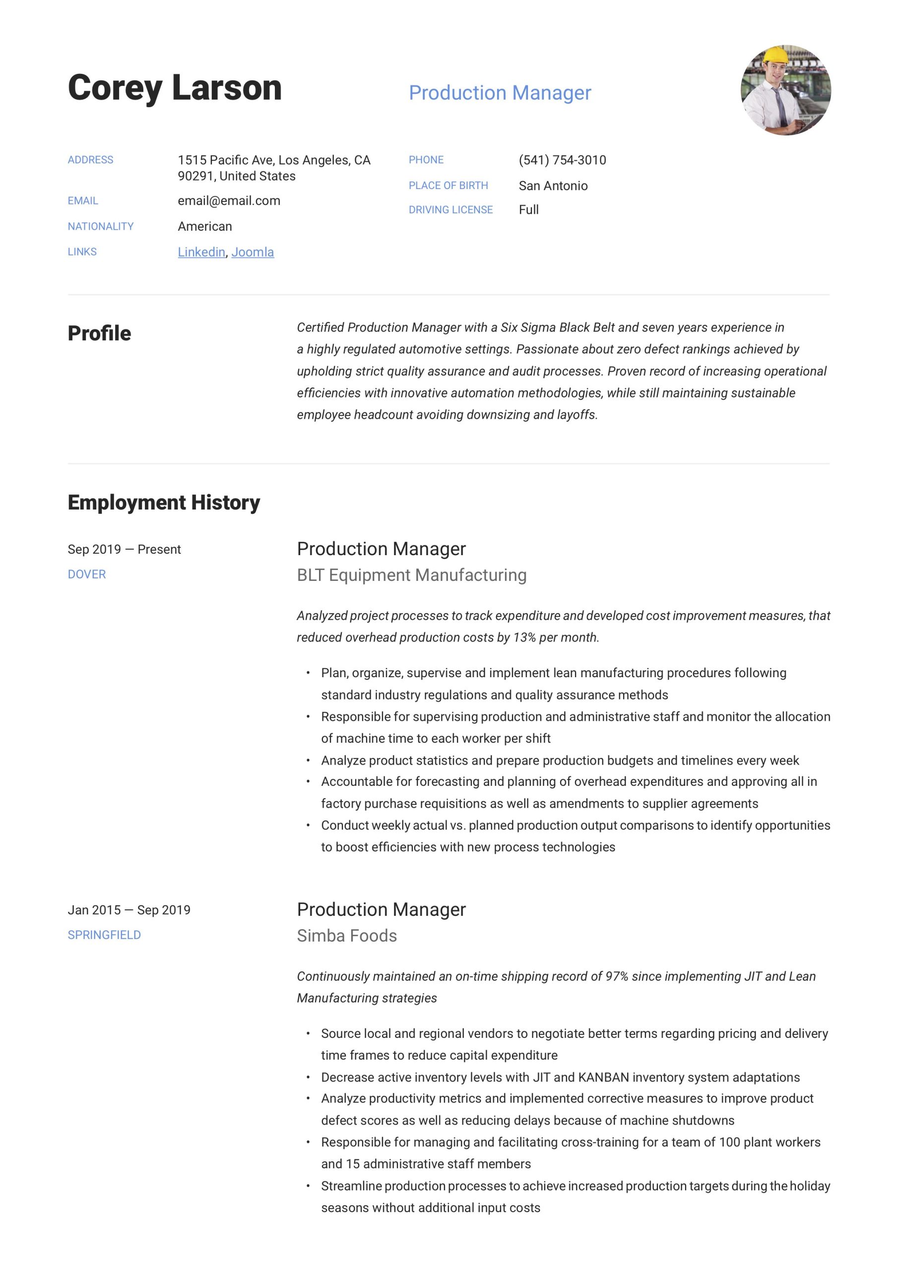 Production Planning and Control Manager Resume Samples Production Manager Resume & Writing Guide  12 Templates 2020