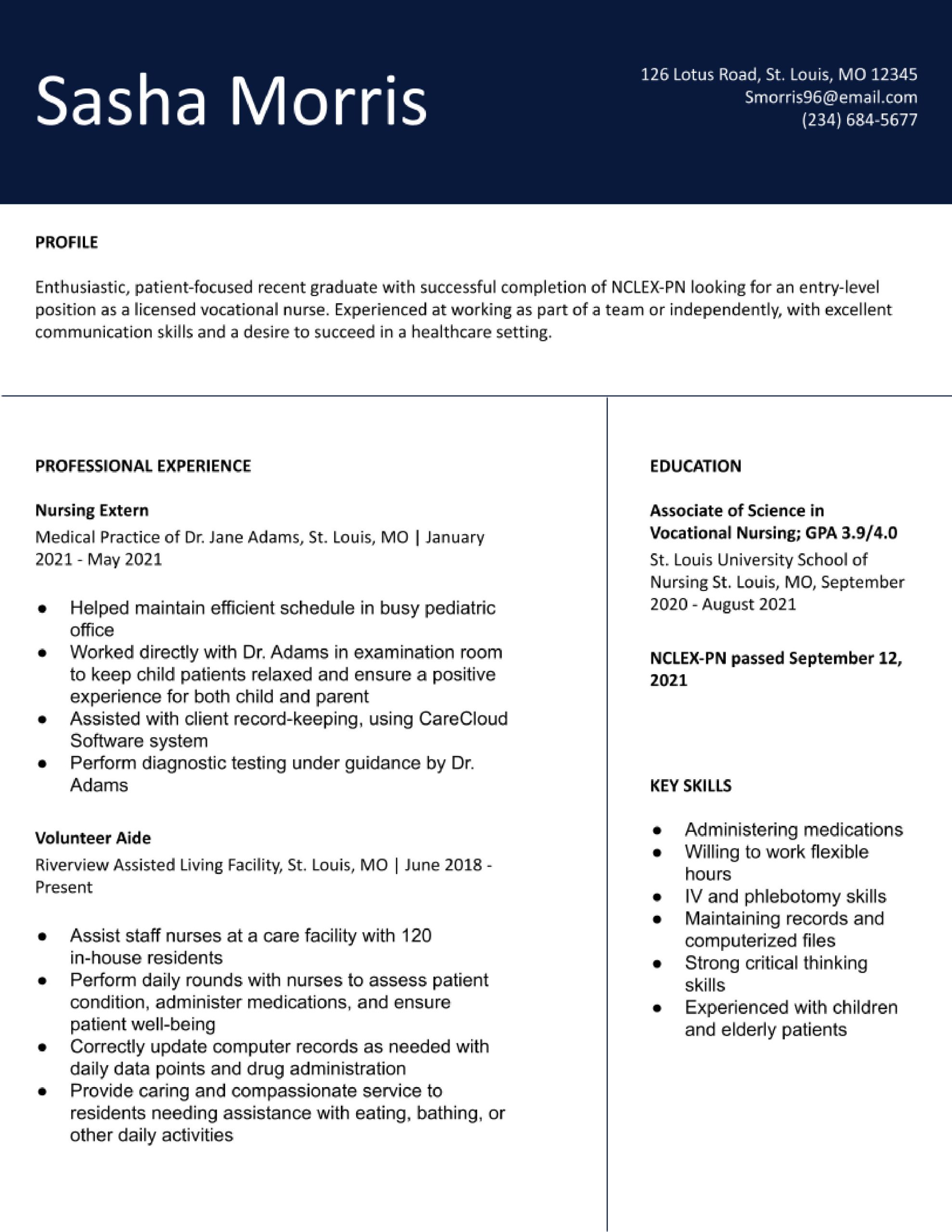 Recent Graduate Vocational Nurse Summary Resume Samples Non License Licensed Vocational Nurse (lvn) Resume Examples In 2022 …