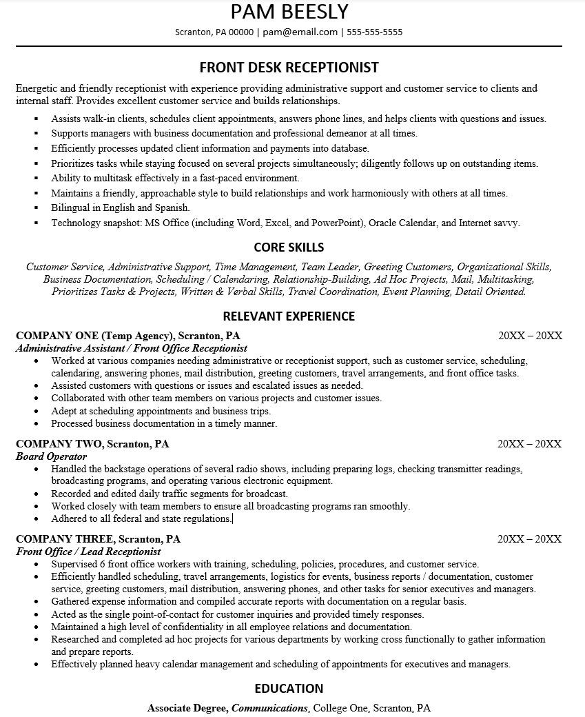 Receptionist Job Description Sample On Resume Front Desk Receptionist Resume Monster.com