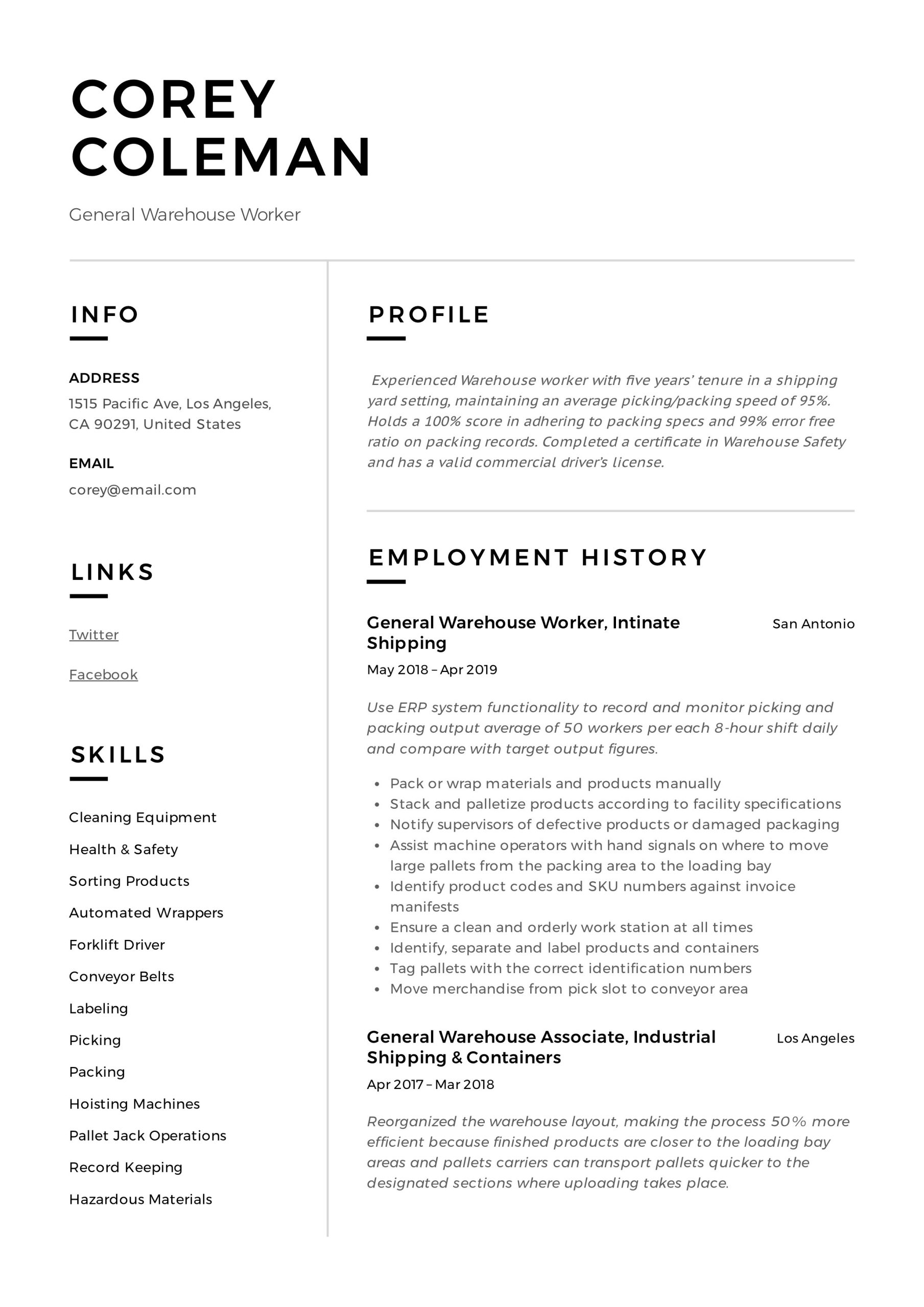 Resume Sample for A Warehouse Worker General Warehouse Worker Resume Guide  12 Templates 2022