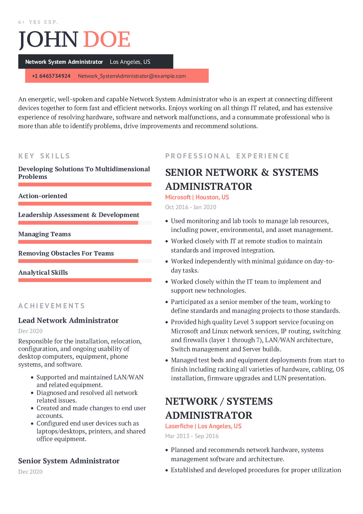 Resume Sample for Uptime Monitoring System Network System Administrator Resume with Content Sample Craftmycv