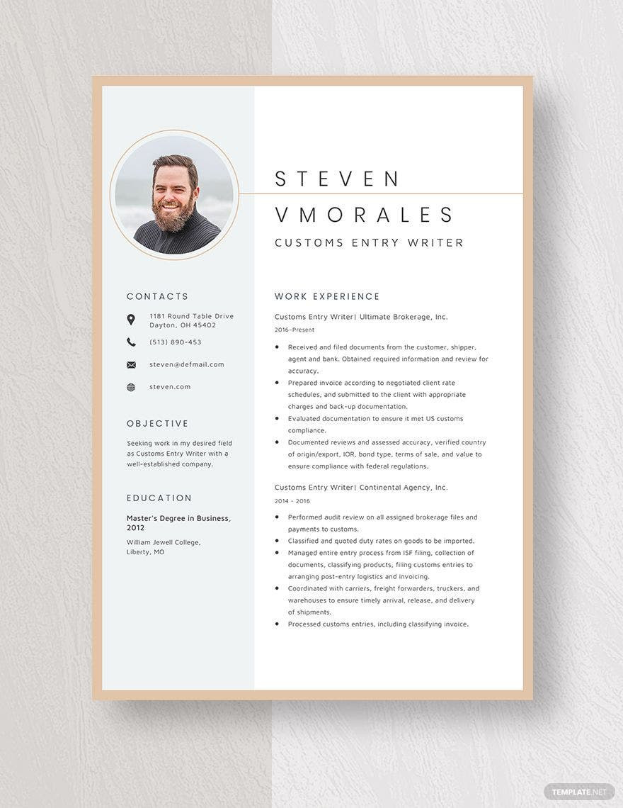 Resume Sample format for Customs Broker Customs Entry Writer Resume Template – Word, Apple Pages …