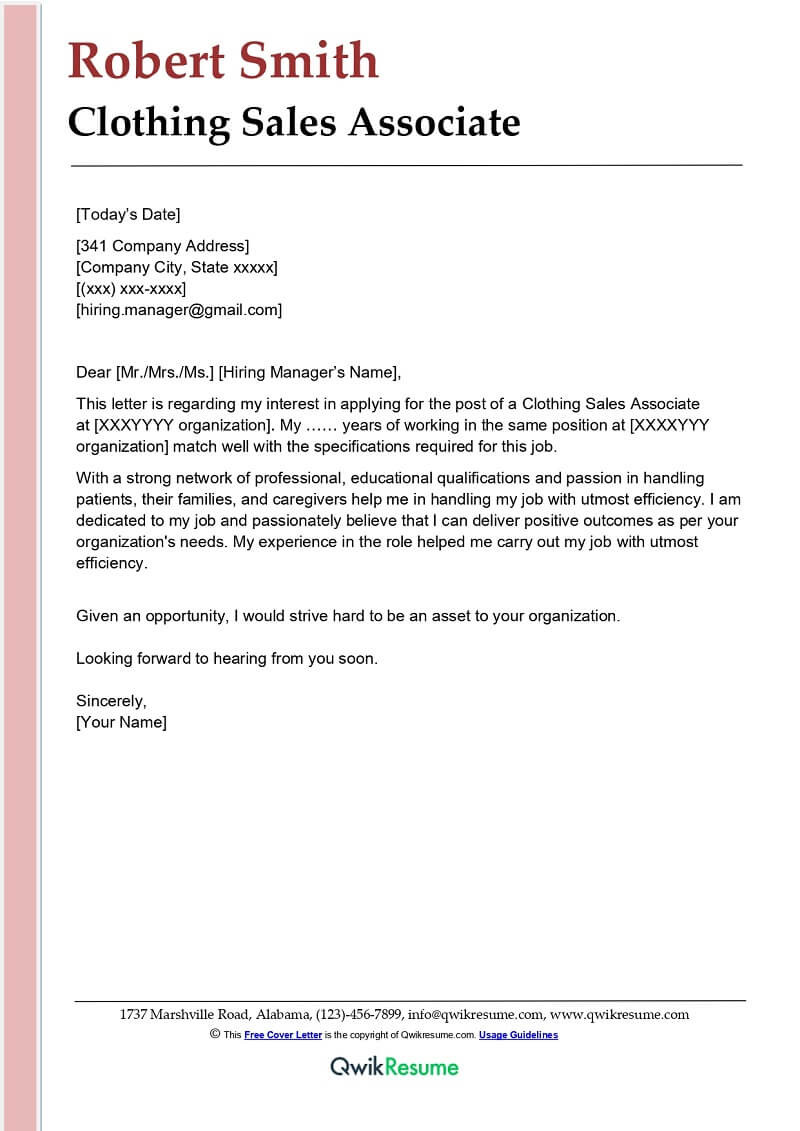 Resume Samples for Clothing Sales associate Clothing Sales associate Cover Letter Examples – Qwikresume