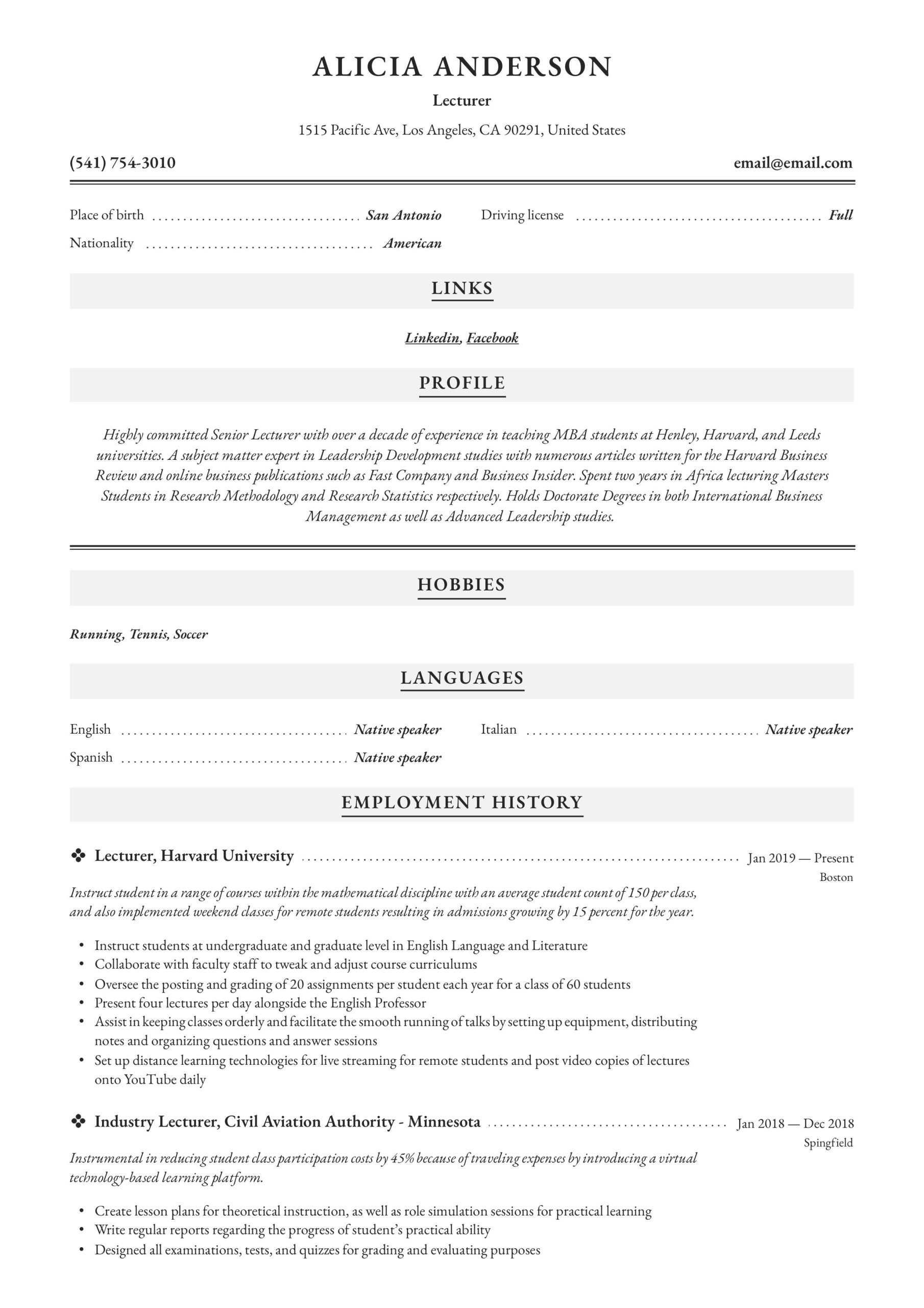 Resume Samples for College Instructor Positions Lecturer Resume & Writing Guide  18 Free Examples 2020