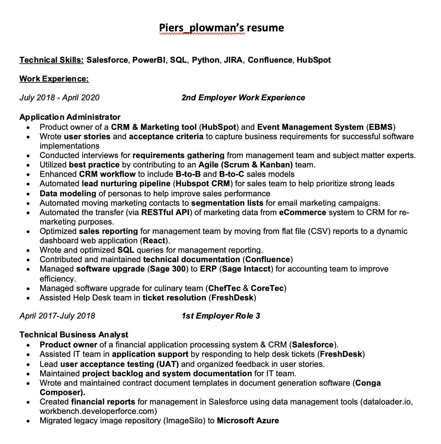 Salesforce with Conga Composer Sample Resume Business Analyst Looking for Resume Advice : R/resumes