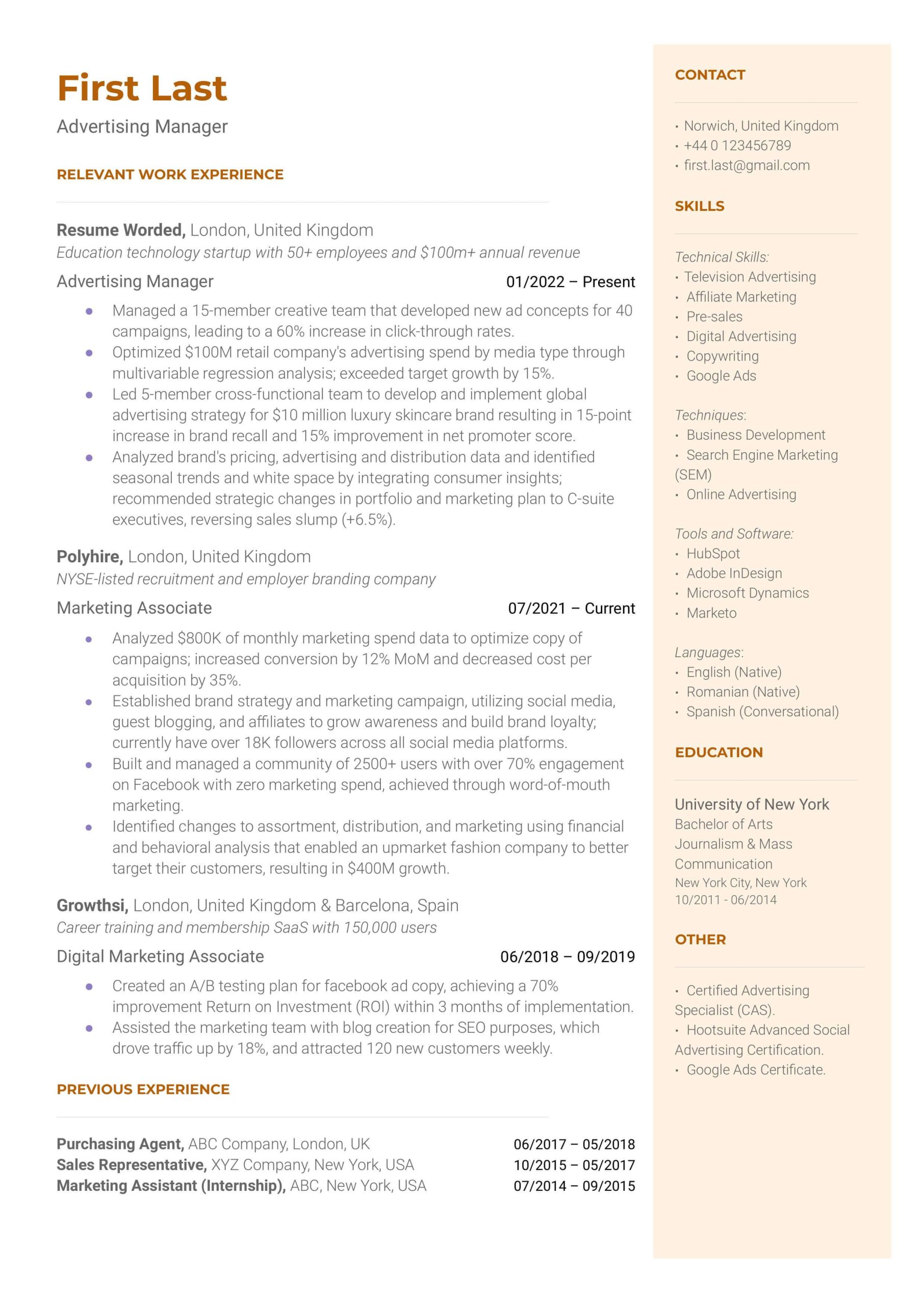 Same Workspace Different Positions Resume Sample 4 Advertising Resume Examples for 2022 Resume Worded