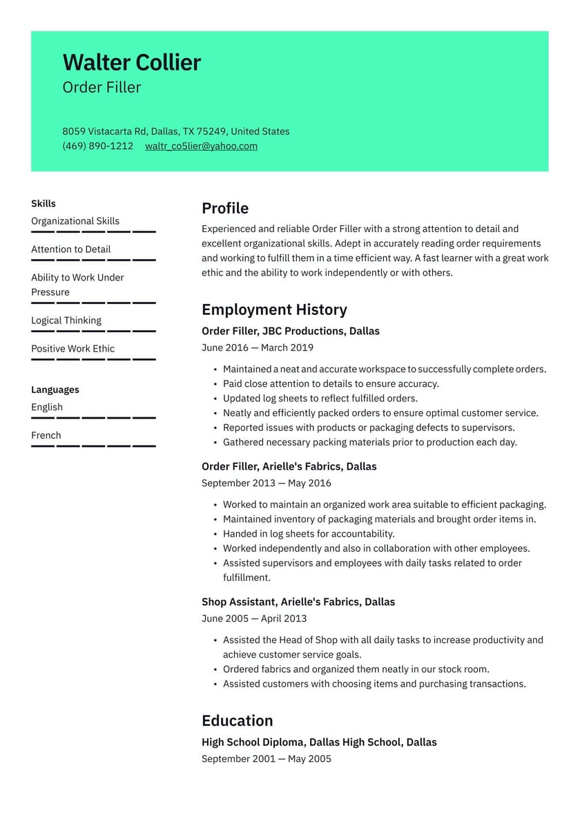 Same Workspace Different Positions Resume Sample order Filler Resume Examples & Writing Tips 2022 (free Guide)