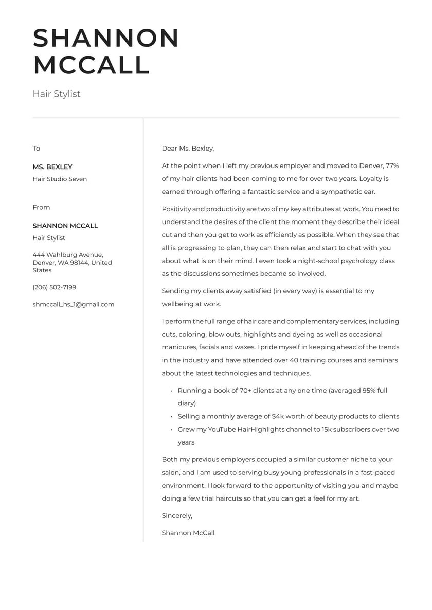 Sample Cover Letter for Hair Stylist Resume Hair Stylist Cover Letter Examples & Expert Tips [free] Â· Resume.io