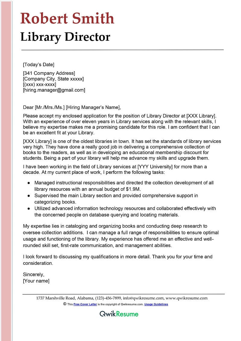 Sample Cover Letter for Librarian Resume Library Director Cover Letter Examples – Qwikresume