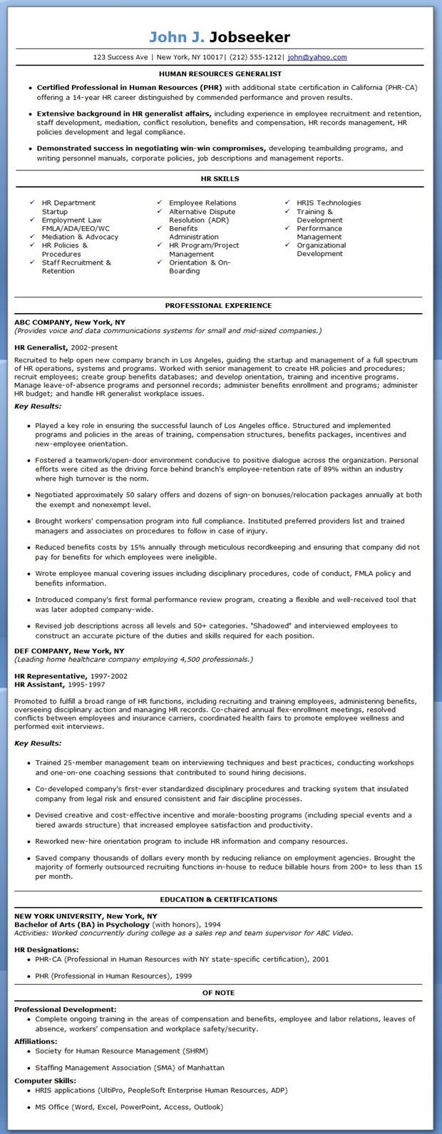 Sample Functional Resume Human Resources Generalist Hr Generalist Resume Examples Resume Downloads Human Resources …