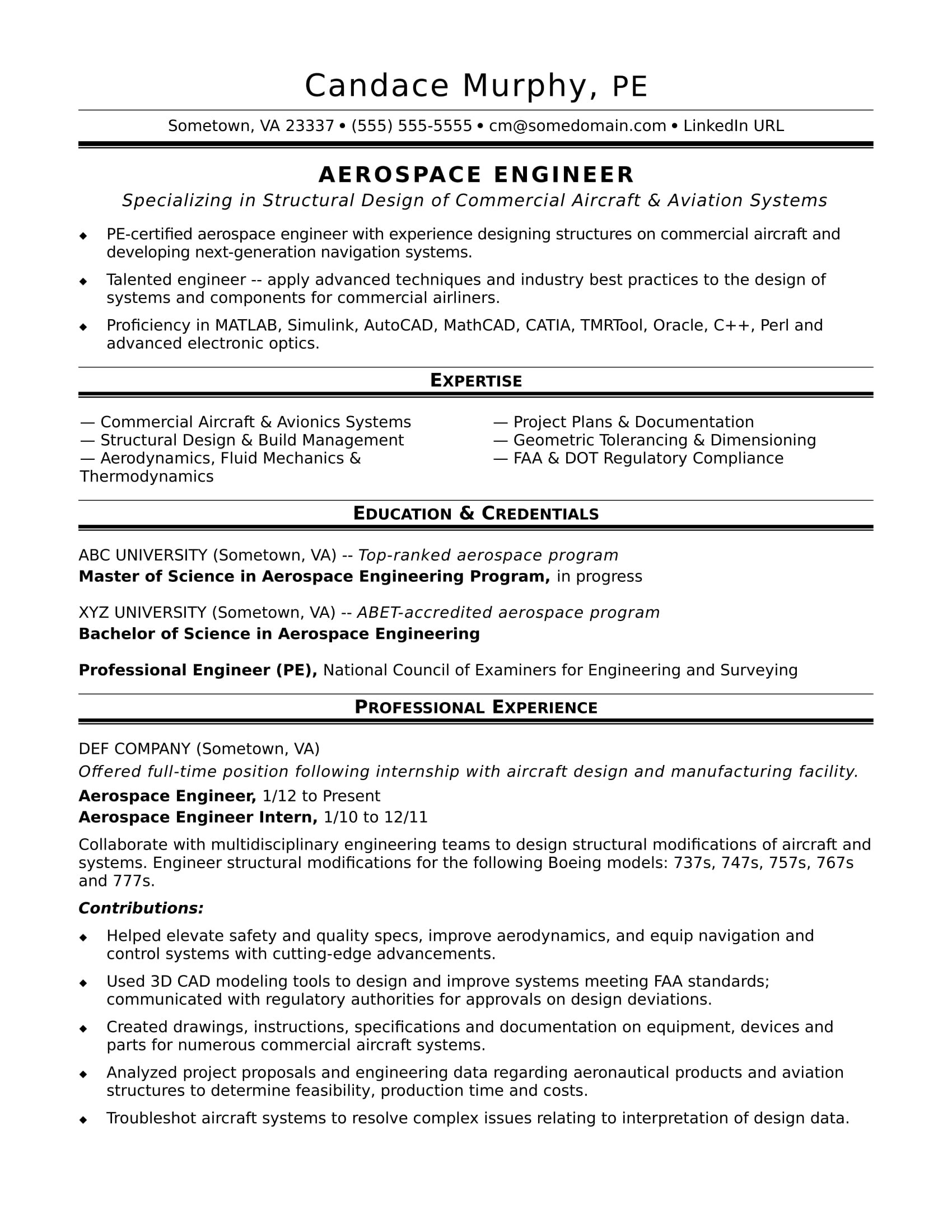 Sample Mid Level Aeronautical Engineering Resume Sample Resume for A Midlevel Aerospace Engineer Monster.com