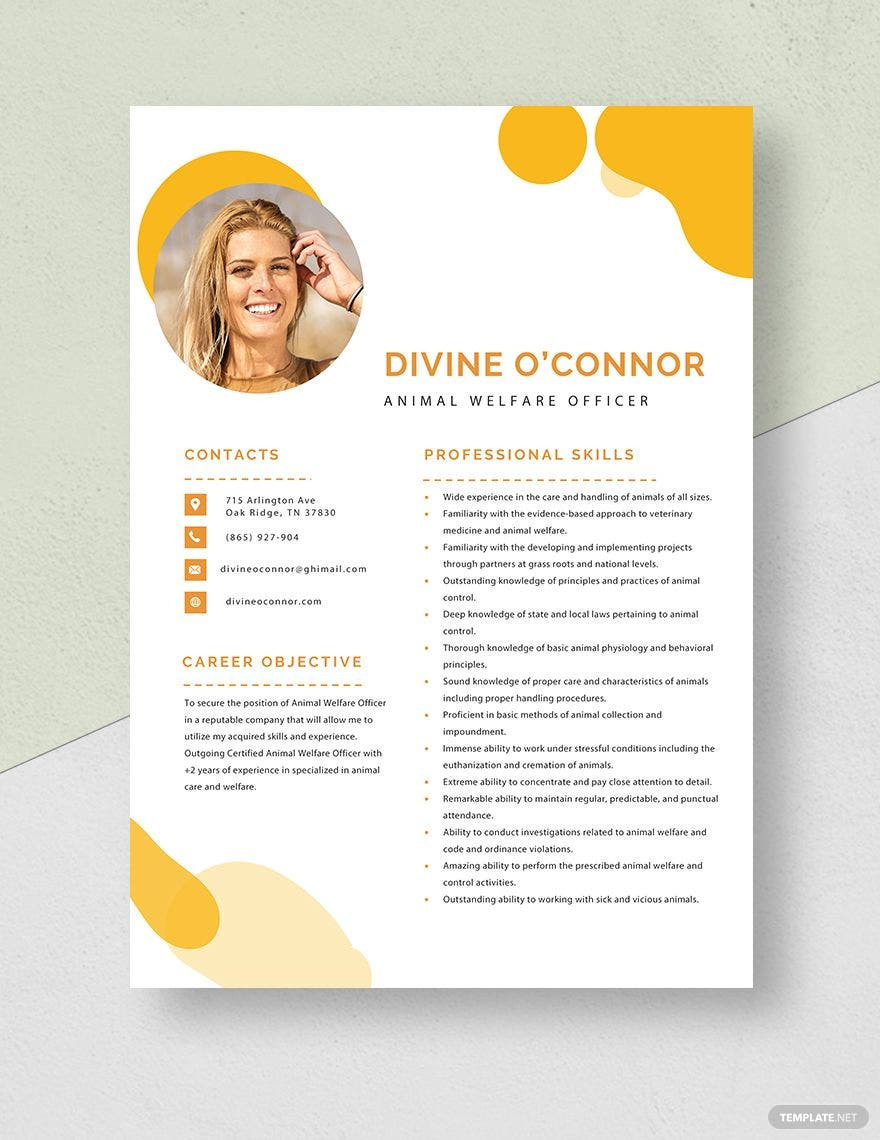 Sample Of A Animal Control Resume Animal Welfare Officer Resume Template – Word, Apple Pages, Psd …