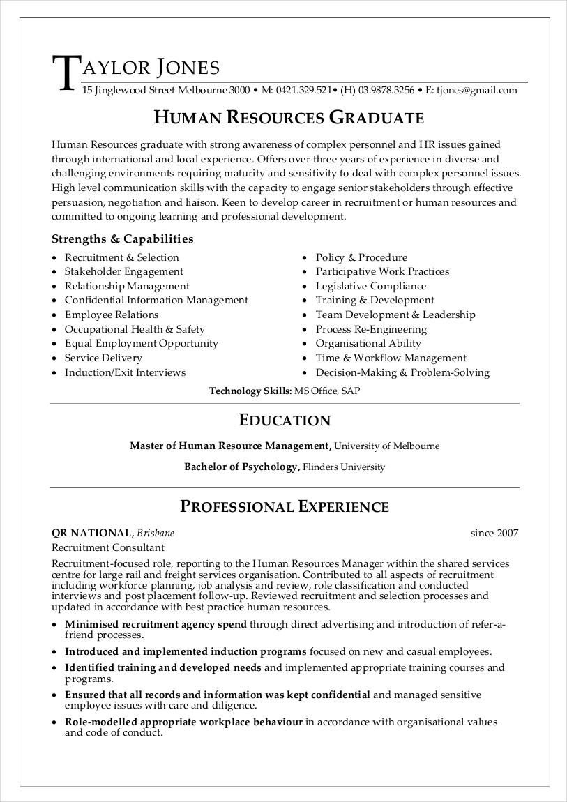Sample Of Graduate Resume Of Human Resource Manager Hr Resume – 15lancarrezekiq Examples, format, Sample Examples