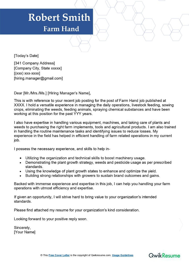 Sample Of Hands On Farming Resume Farm Hand Cover Letter Examples – Qwikresume
