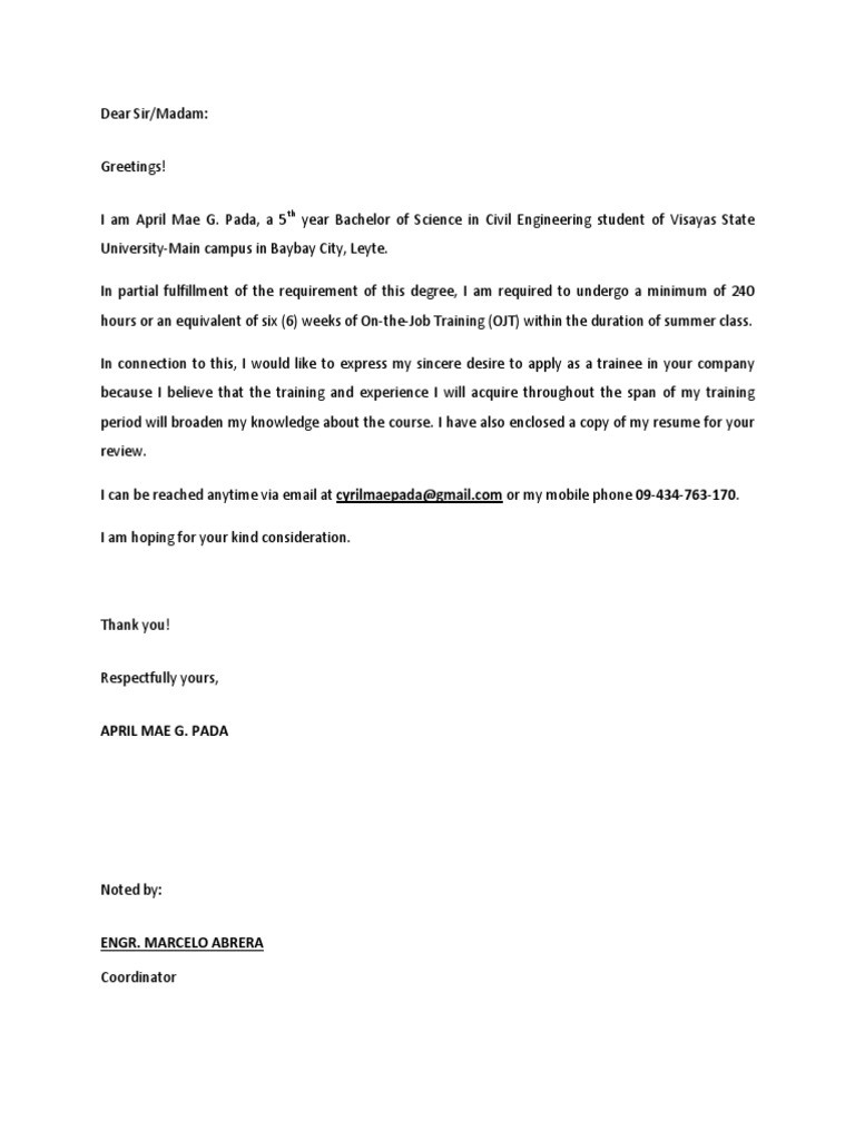 Sample Of Resume Letter for Ojt Students Application Letter (ojt) Pdf Vocational Education Academia