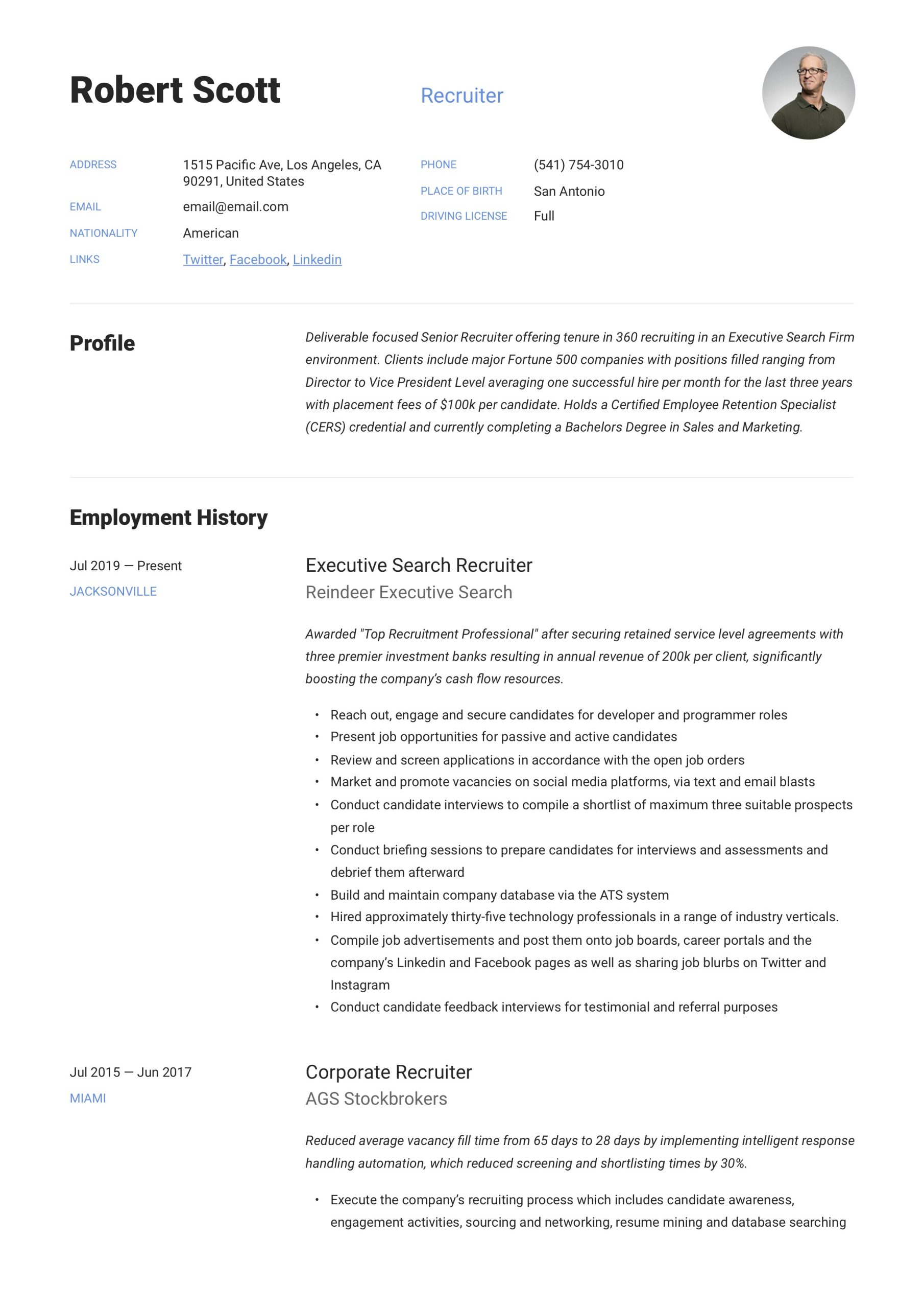 Sample Recruiting Manager Resume In Usa Recruiter Resume & Writing Guide   12 Pdf Examples 2020