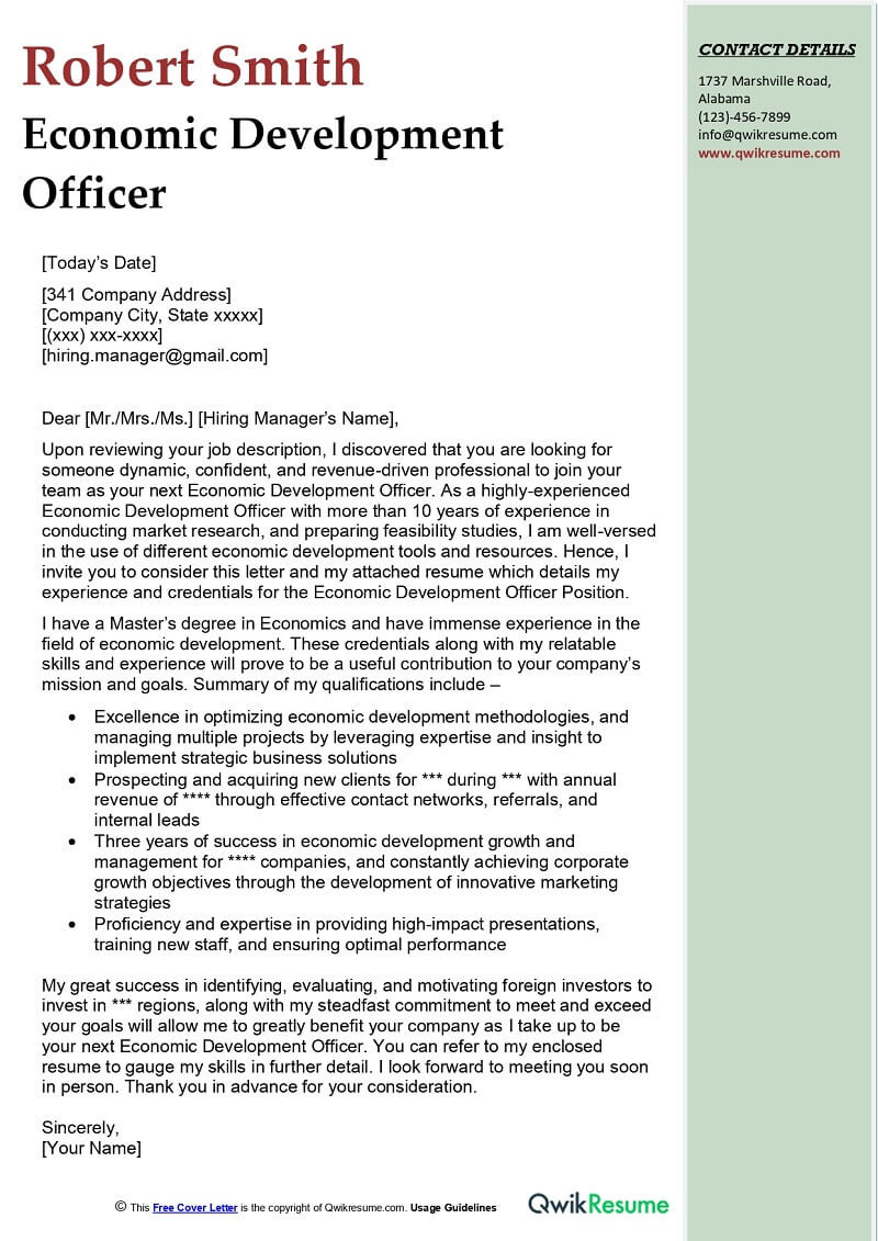 Sample Resume Director Of Economic Development Economic Development Officer Cover Letter Examples – Qwikresume