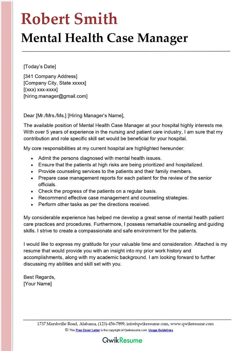 Sample Resume Director Of Mental Health Mental Health Case Manager Cover Letter Examples – Qwikresume