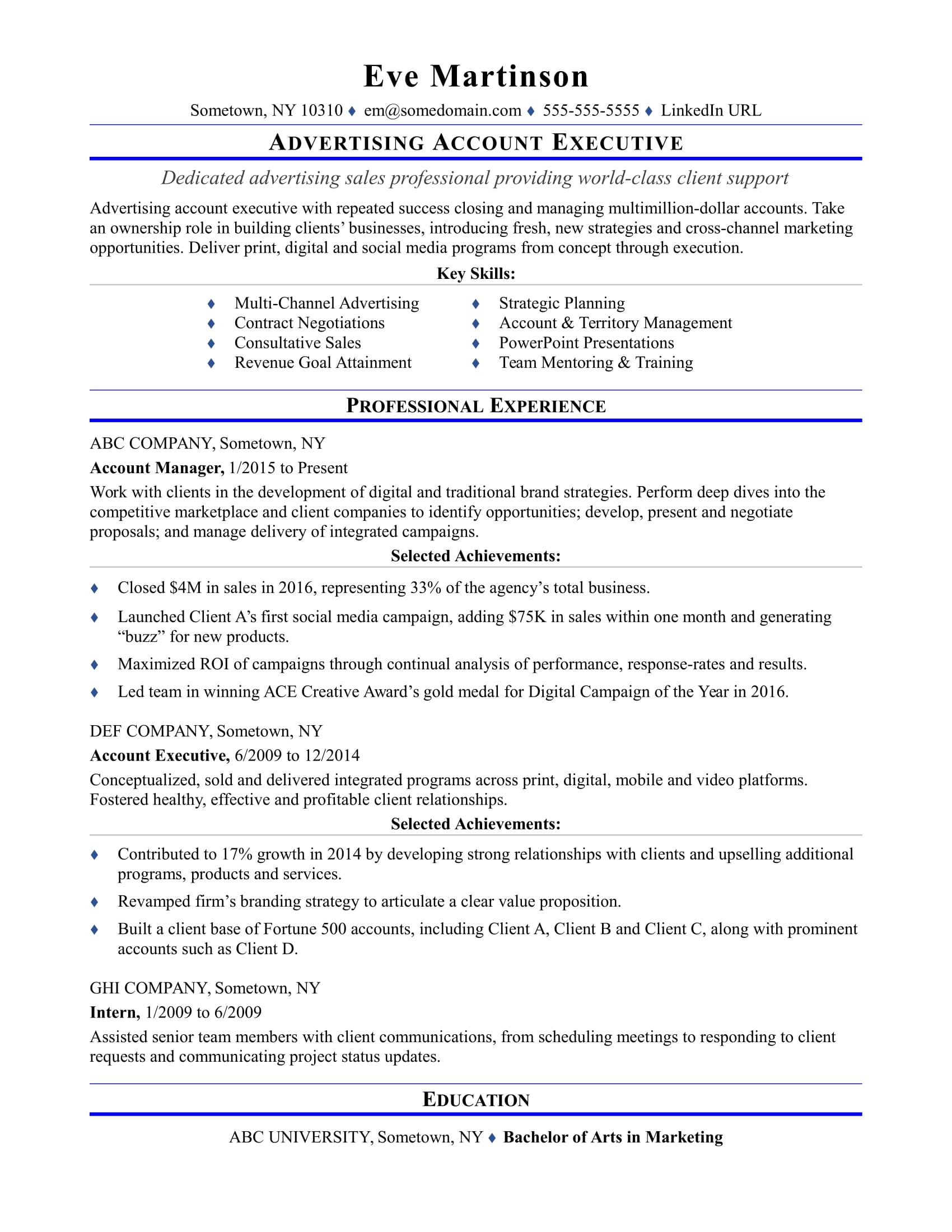Sample Resume for A Sales Account Executive Sample Resume for An Advertising Account Executive Monster.com
