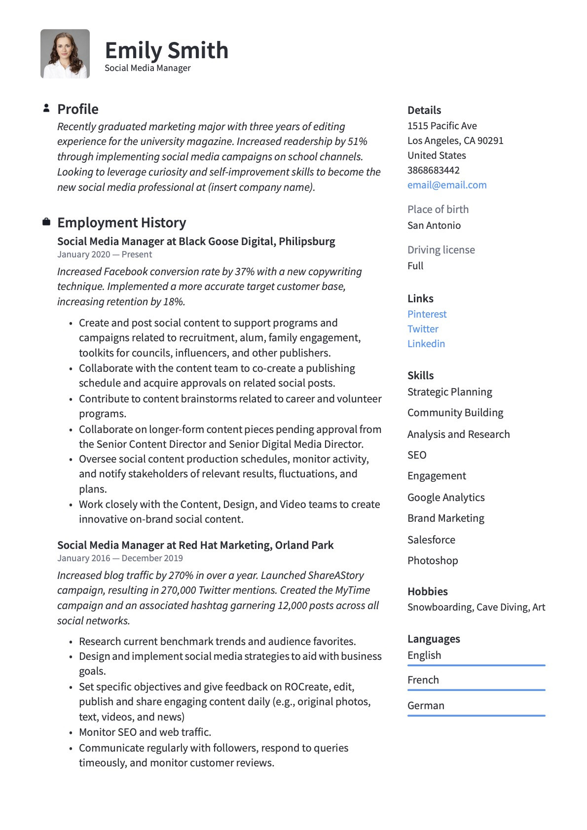 Sample Resume for A social Media Manager social Media Manager Resume & Guide  20 Templates