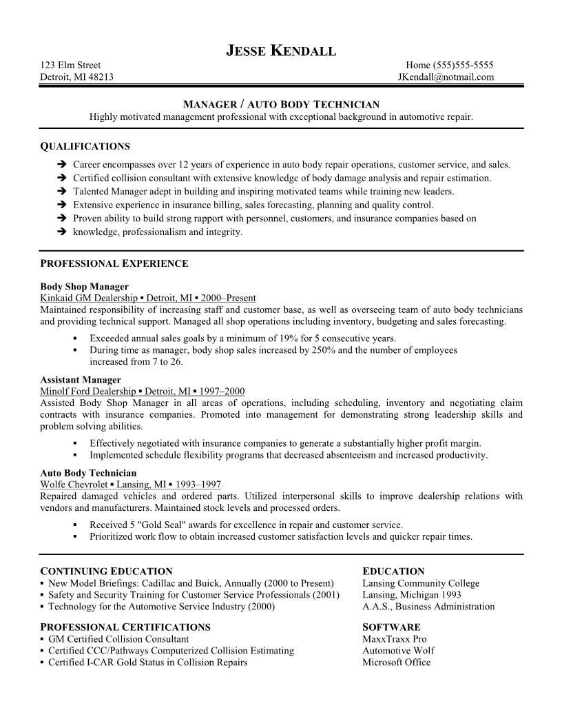 Sample Resume for Auto Body Painter Auto Body Shop Manager Resume Examples October 2021