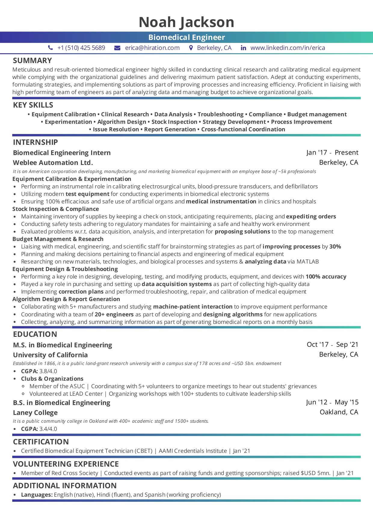 Sample Resume for Biomedical Business Development Engineer Biomedical Engineer Resume: the 2022 Guide with 15lancarrezekiq Examples