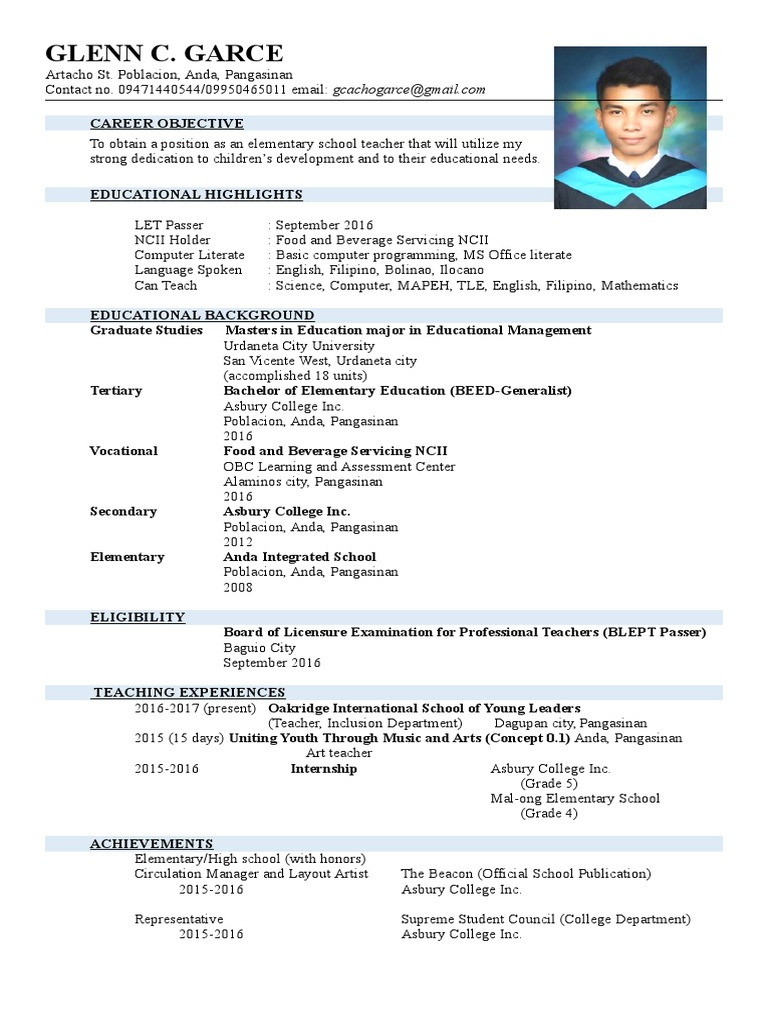 Sample Resume for Board Passer Teachers Cv format Pdf Primary Education Teachers
