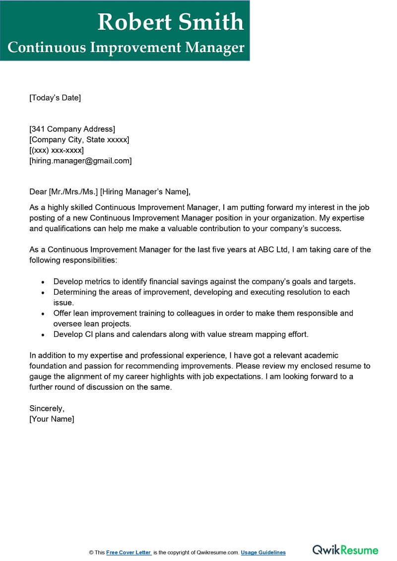 Sample Resume for Continuous Improvement Manager Continuous Improvement Manager Cover Letter Examples – Qwikresume