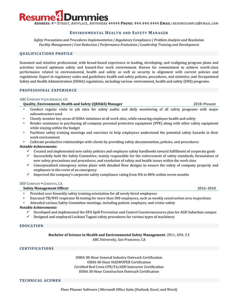 Sample Resume for Environmental Compliance Department Environmental Health and Safety Manager Resume Example …