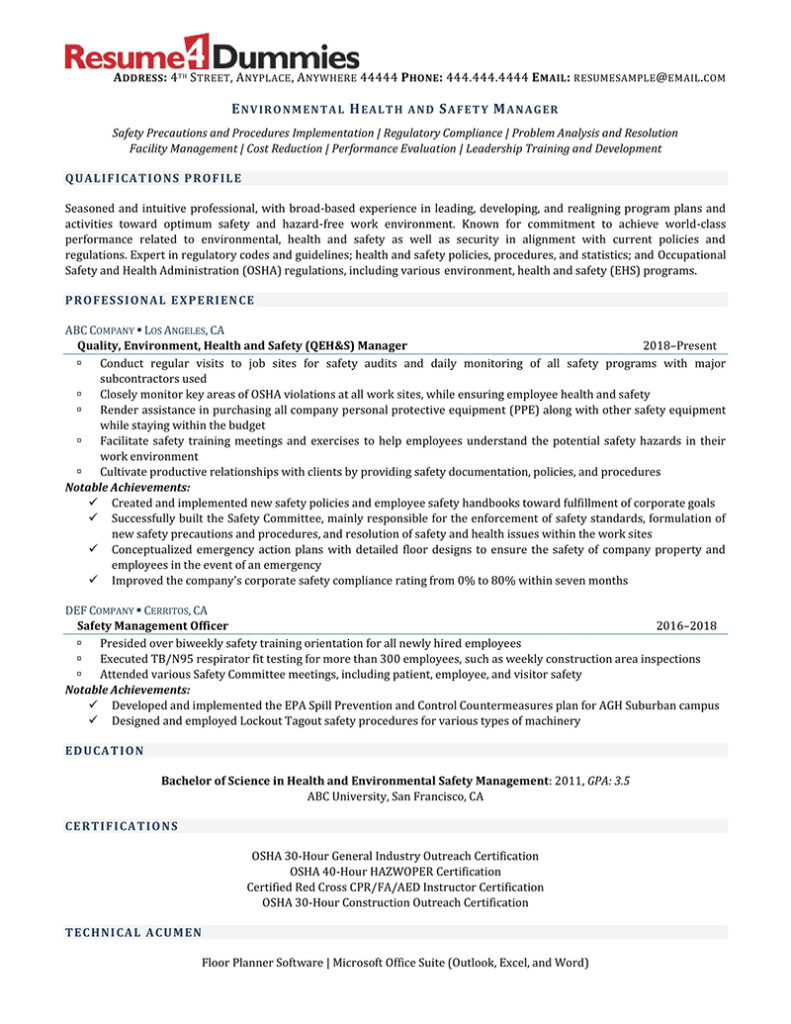 Sample Resume for Environmental Health and Safety Manager Environmental Health and Safety Manager Resume Example …