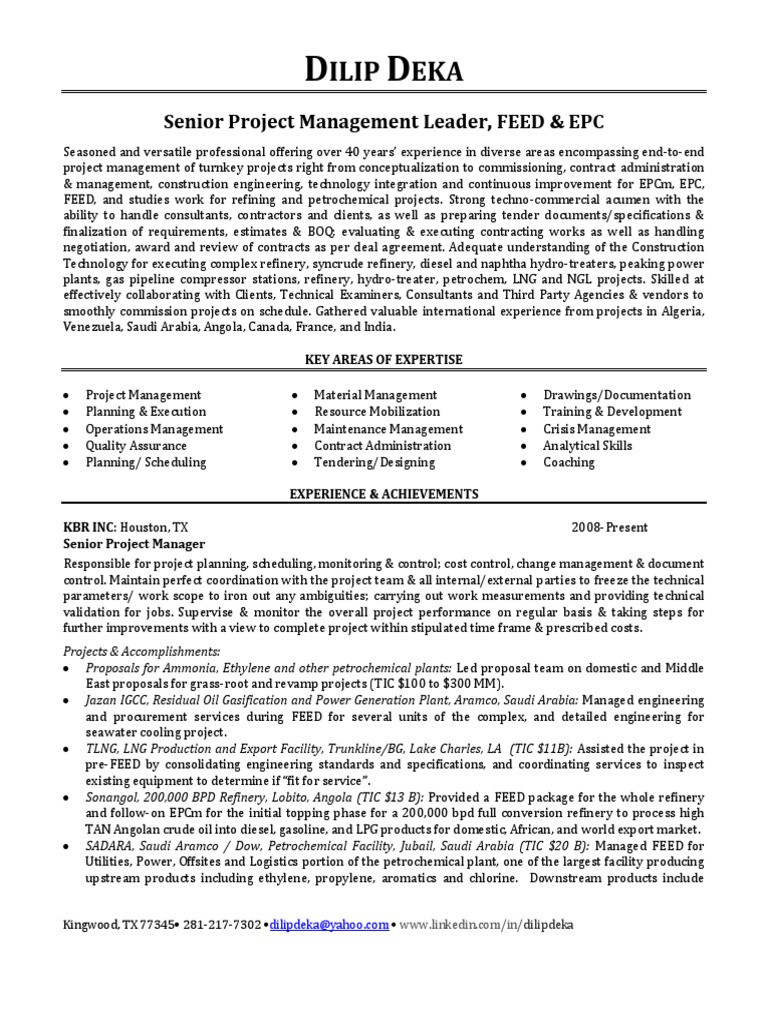 Sample Resume for Epc Project Manager Senior Epc Project Manager In Houston Tx Resume Dilip Deka Pdf …