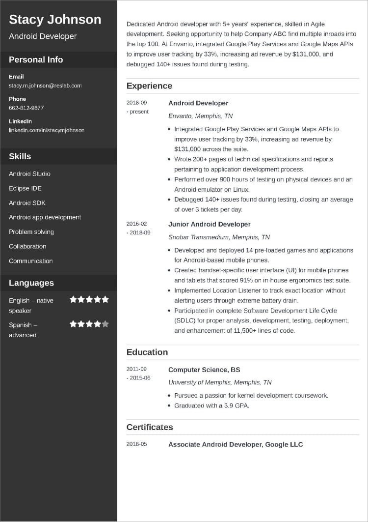 Sample Resume for Google Maps Job android Developer Resumeâsample and 25lancarrezekiq Writing Tips
