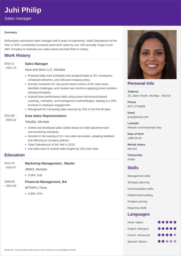 Sample Resume for Jobs In India Best Cv / Curriculum Vitae format for Jobs In India   Sample