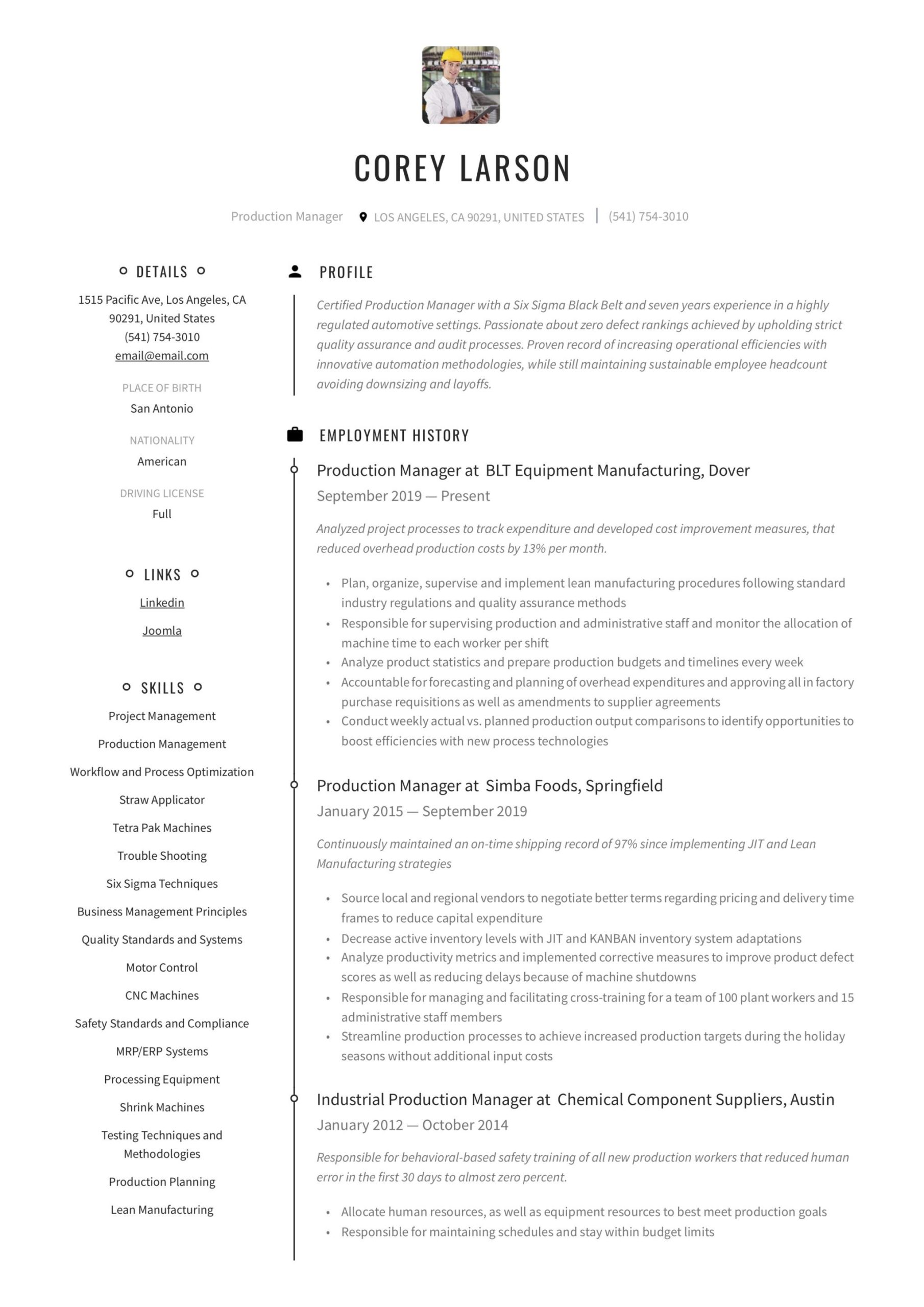 Sample Resume for Production Planning Manager Production Manager Resume & Writing Guide  12 Templates 2020