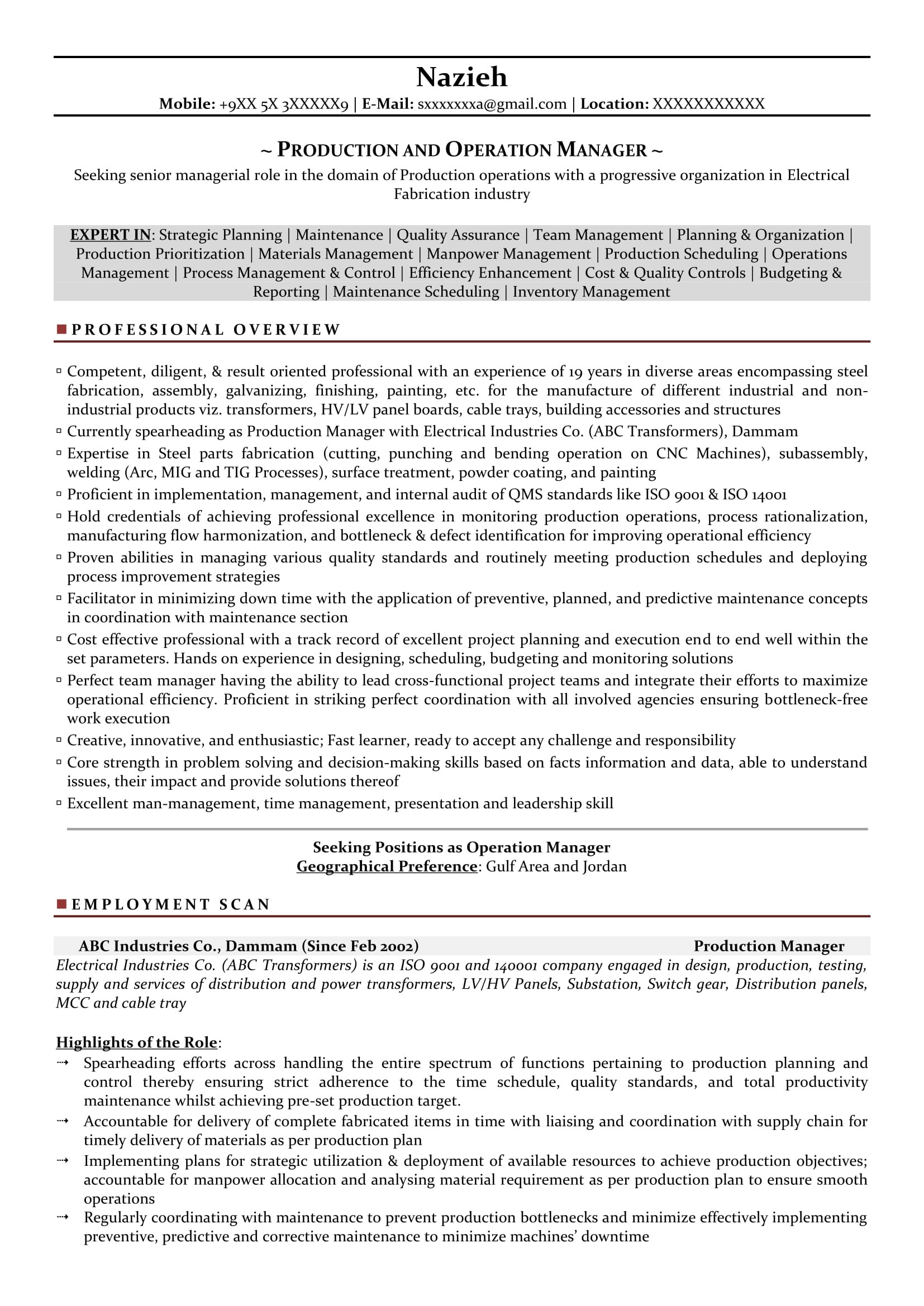 Sample Resume for Production Planning Manager Production Manager Sample Resumes, Download Resume format Templates!