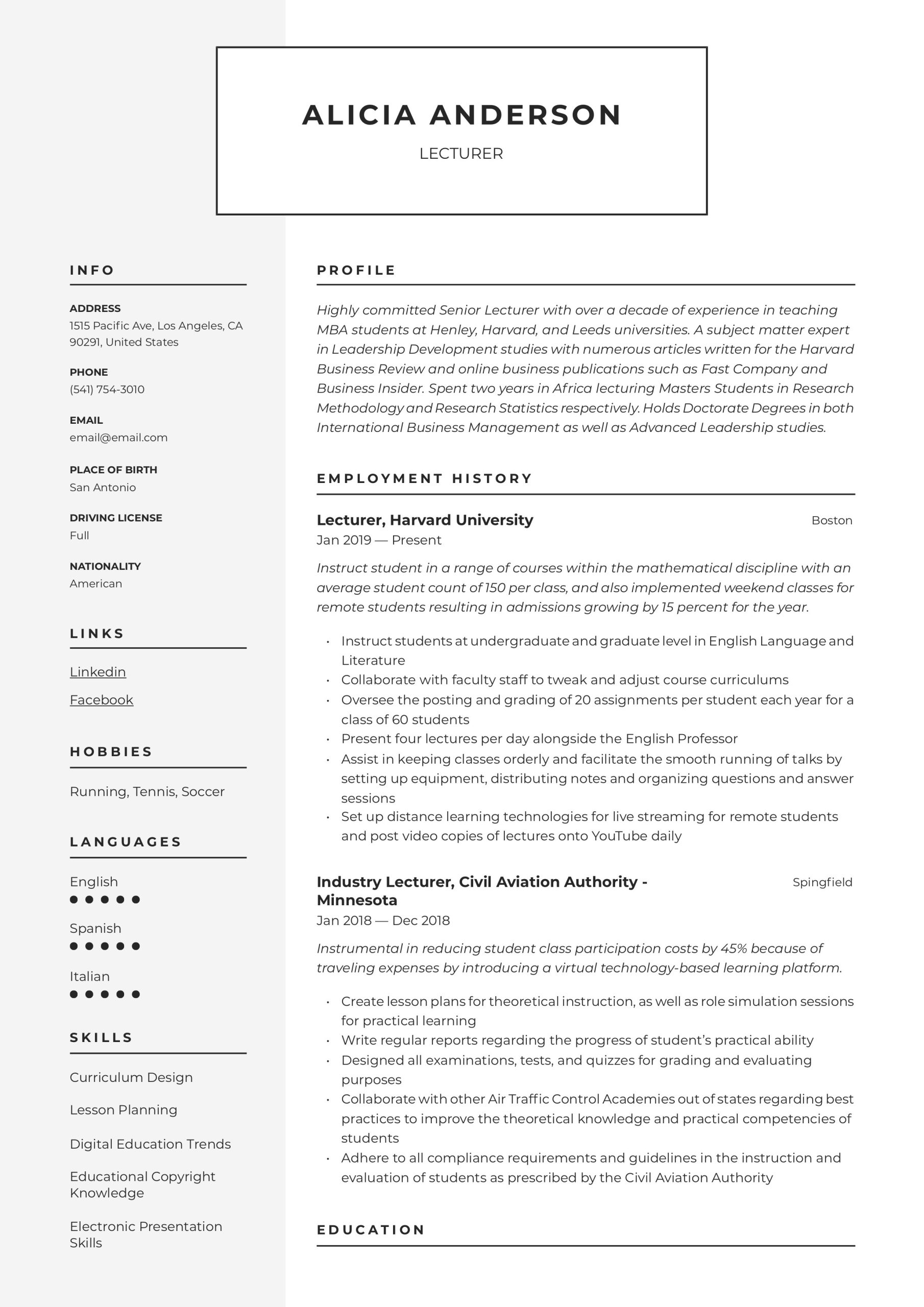 Sample Resume for Professors In Universities Lecturer Resume & Writing Guide  18 Free Examples 2020