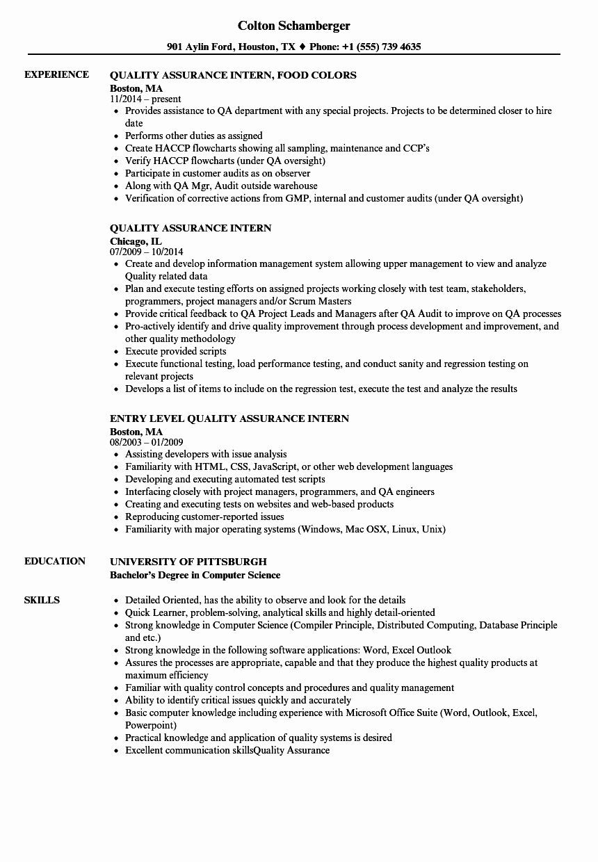 Sample Resume for Qa Tester Entry Level Entry Level Qa Resume Lovely Quality assurance Intern Resume Samples