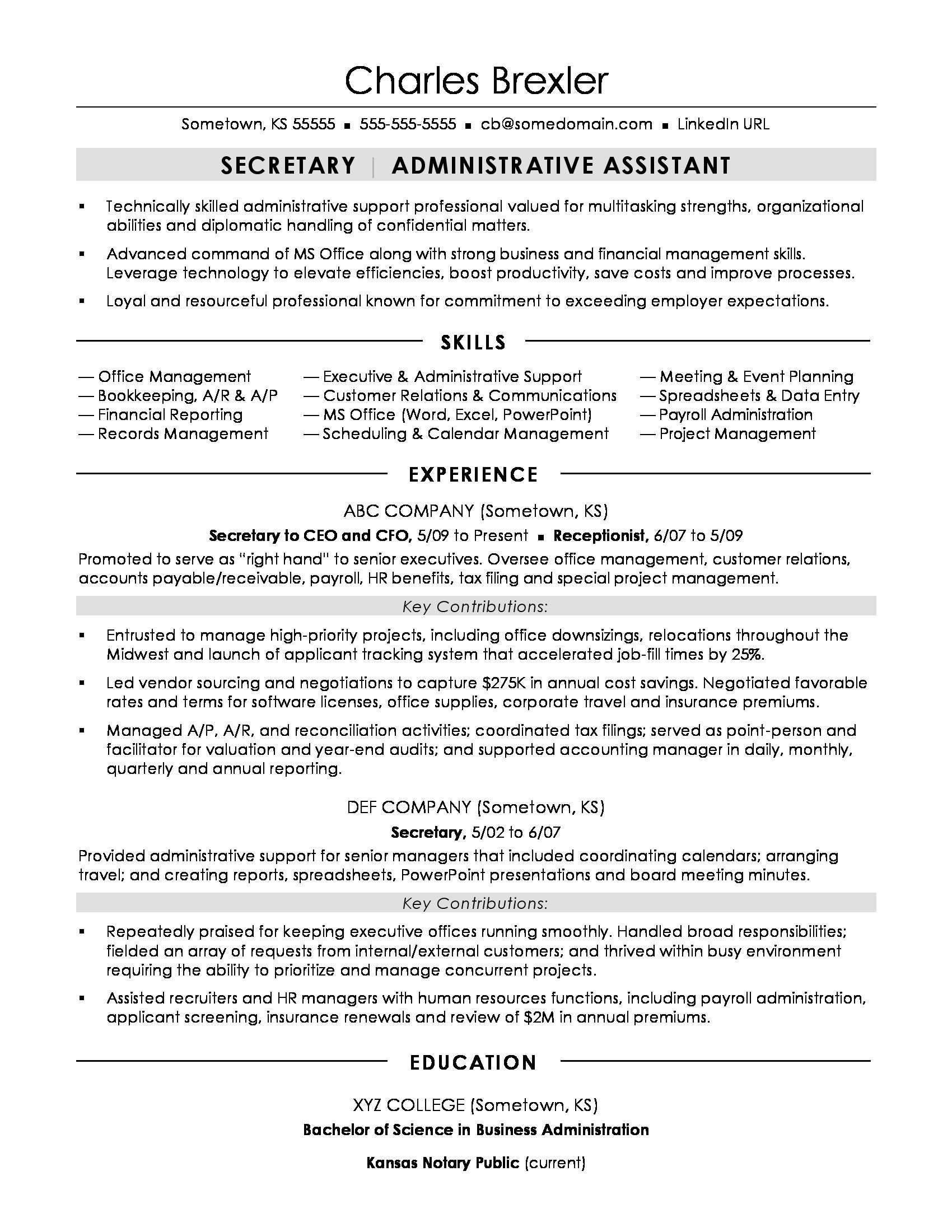Sample Resume for Secretary without Experience Secretary Resume Sample Monster.com