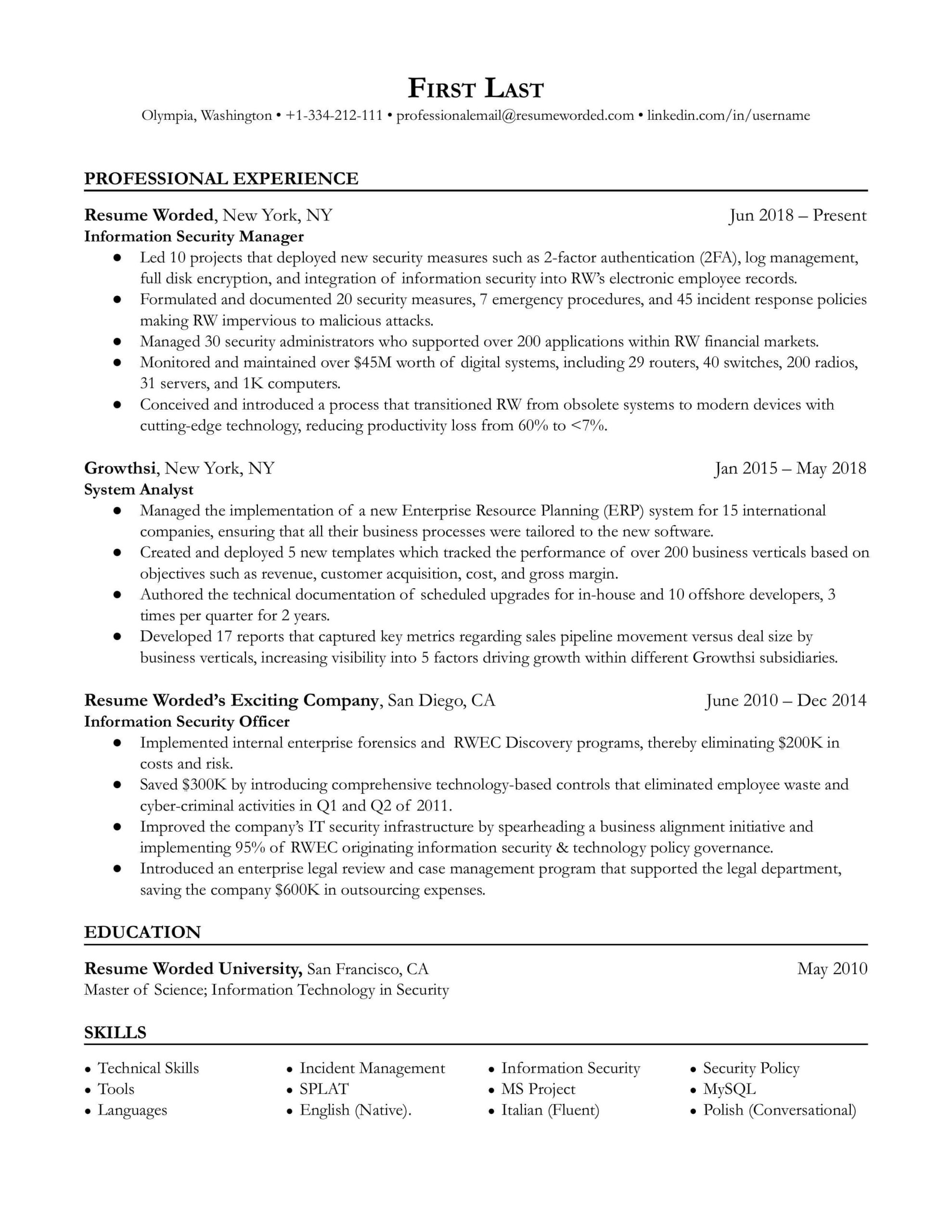 Sample Resume for Security Manager Position Information Security Manager Resume Example for 2022 Resume Worded