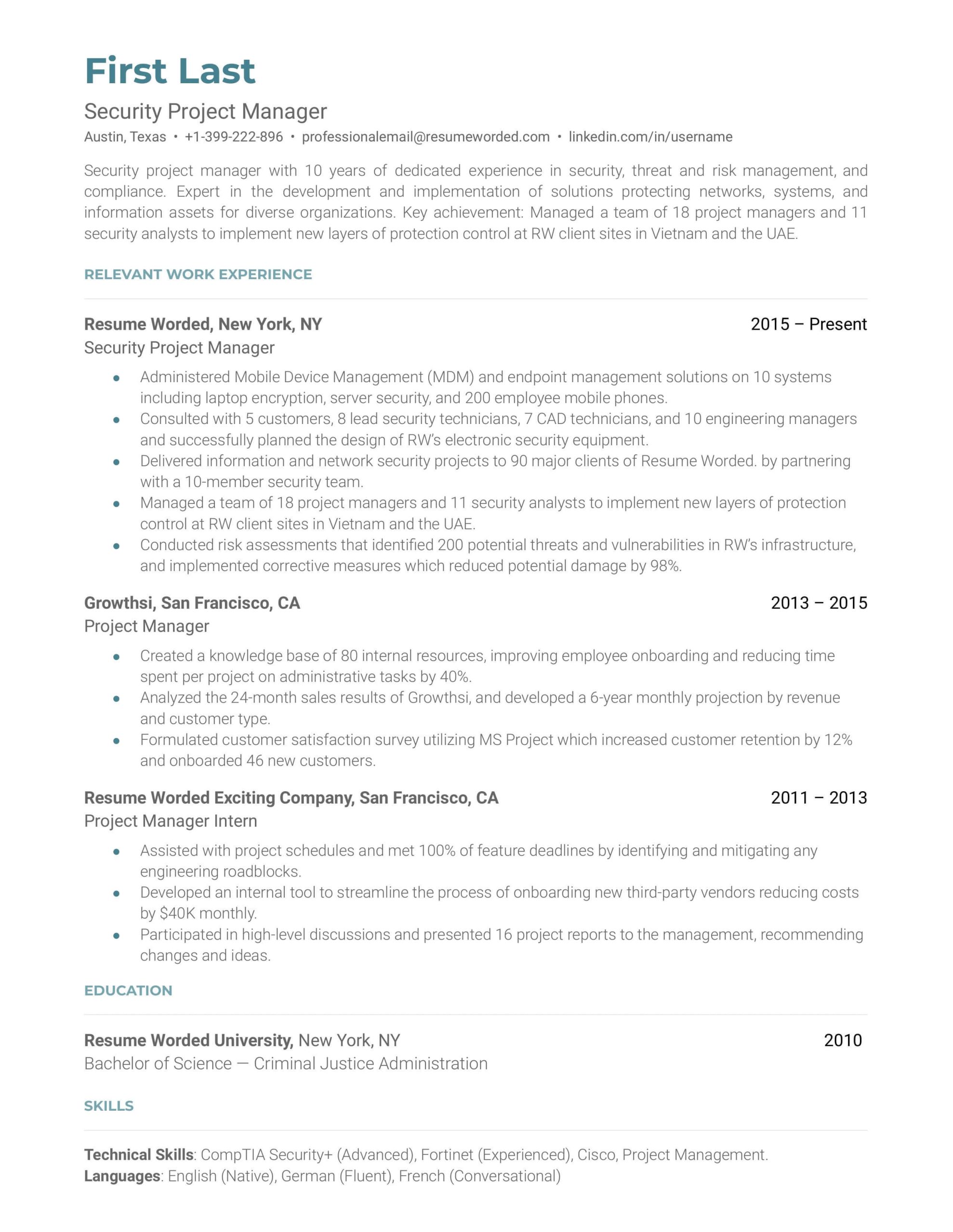 Sample Resume for Security System Technician Security Project Manager Resume Example for 2022 Resume Worded