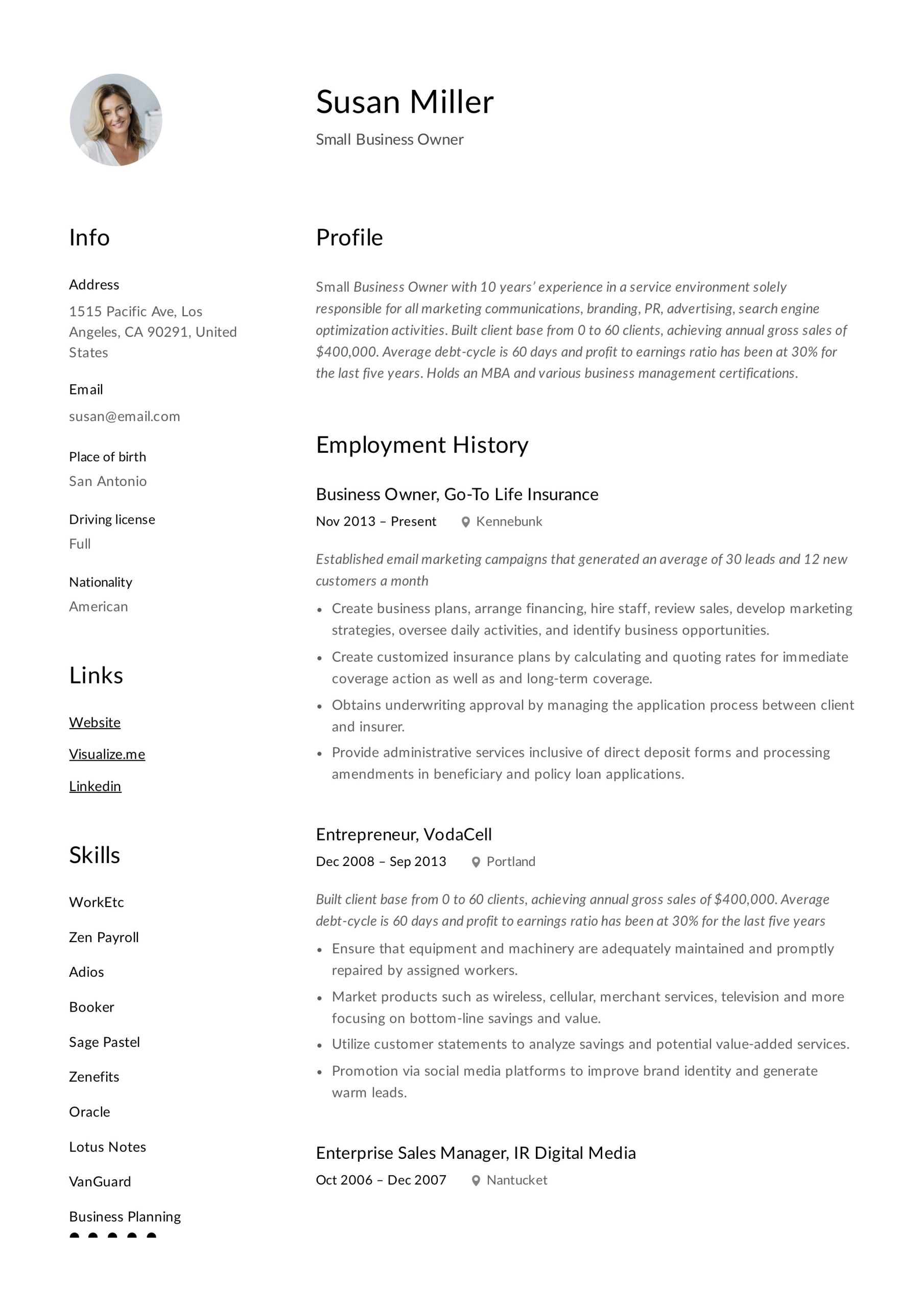 Sample Resume for Self Employed Consultant Small Business Owner Resumes  19 Examples Pdf 2022